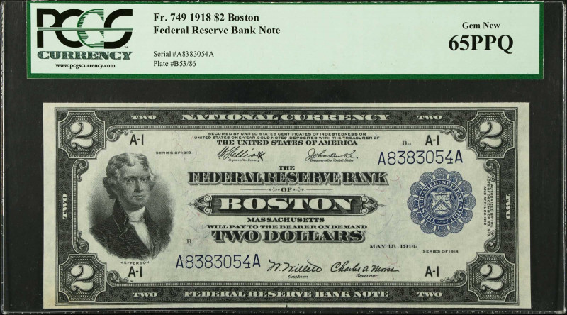 Fr. 749. 1918 Boston $2 Federal Reserve Bank Note. Boston. PCGS Currency Gem New...