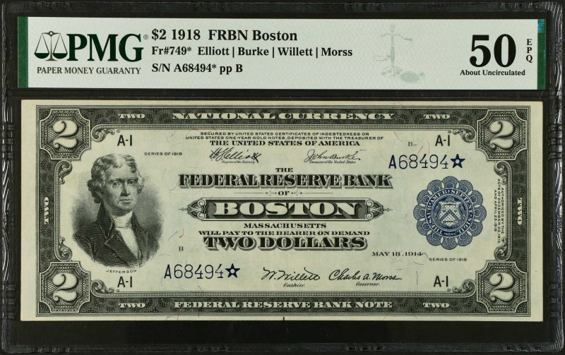 Fr. 749*. 1918 $2 Federal Reserve Bank Star Note. Boston. PMG About Uncirculated...