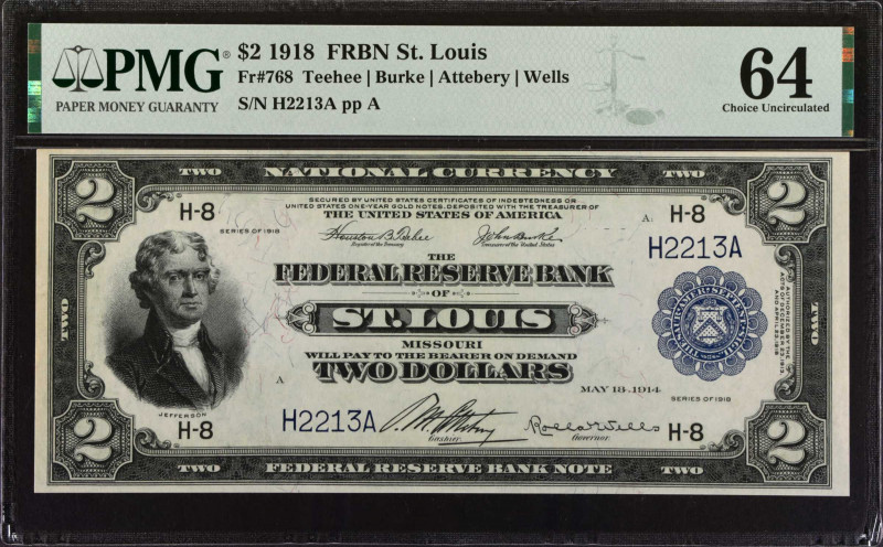 Fr. 768. 1918 $2 Federal Reserve Bank Note. St. Louis. PMG Choice Uncirculated 6...