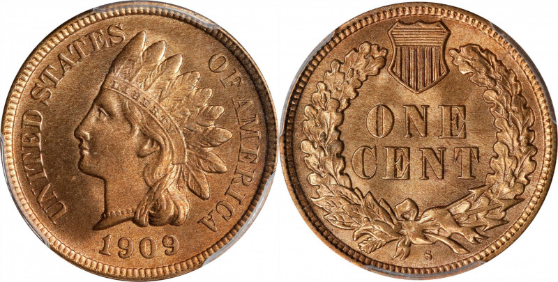 1909-S Indian Cent. MS-65 RD (PCGS).
A bright and vivid Gem to represent this p...