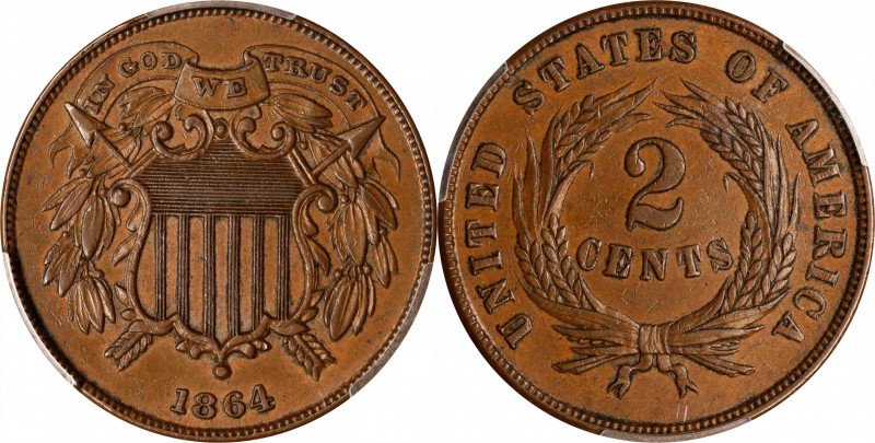 1864 Two-Cent Piece. FS-401. Small Motto. AU-55 (PCGS).
Although close to 20 mi...