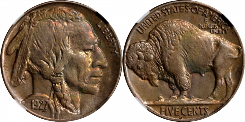 1927-S Buffalo Nickel. MS-64 (NGC).
The dove gray complexion comes alive with r...