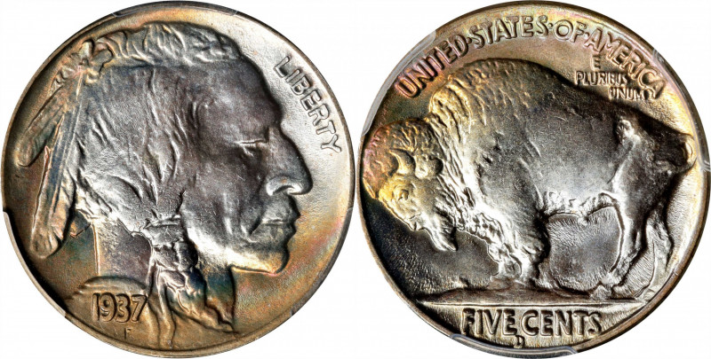 1937-D Buffalo Nickel. MS-67+ (PCGS).
Lovely toning with ice-blue centers borde...