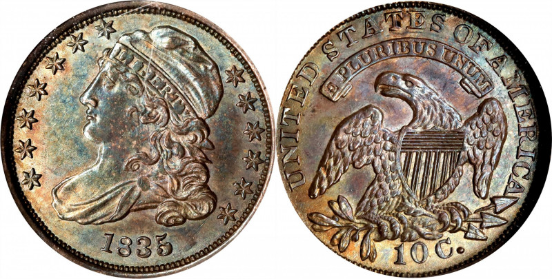 1835 Capped Bust Dime. JR-1. Rarity-1. MS-64 (NGC).
With the final S in STATES ...