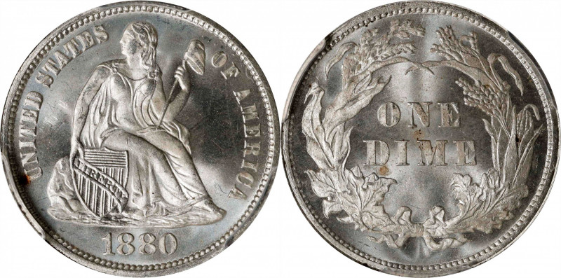 1880 Liberty Seated Dime. MS-67+ (PCGS). CAC.
This is an exquisite Superb Gem w...