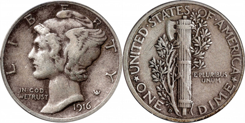 1916-D Mercury Dime. VF-20 (PCGS). OGH.
Surprisingly well detailed, with less w...