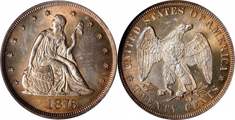 1876 Twenty-Cent Piece. BF-2. Rarity-2. Doubled Die Reverse. MS-64 (NGC).
Deep ...