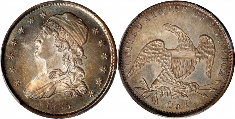 1835 Capped Bust Quarter. B-1. Rarity-1. MS-64 (PCGS).
The most common variety ...