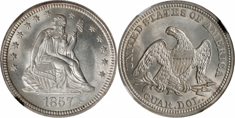 1857 Liberty Seated Quarter. MS-65 (NGC).
As a high mintage circulation strike ...