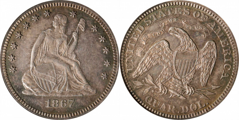 1867 Liberty Seated Quarter. Briggs 1-A. AU-58 (PCGS).
Iridescent steel-olive d...