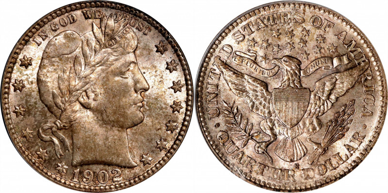 1902-S Barber Quarter. MS-64 (PCGS).
This moderately toned example offers sligh...