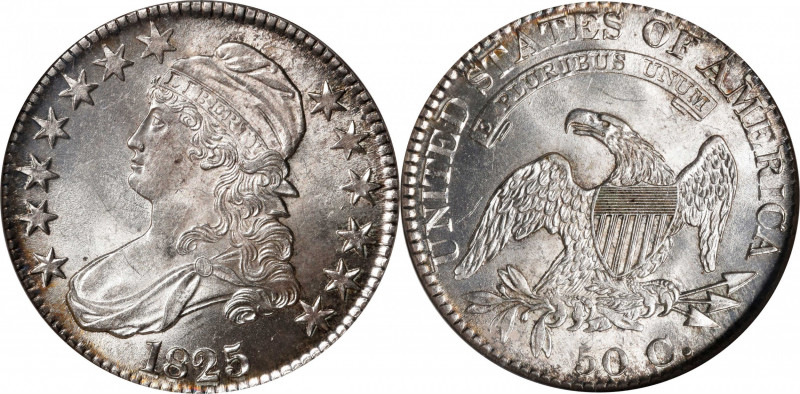 1825 Capped Bust Half Dollar. O-112. Rarity-2. MS-64 (NGC).
Bits of charcoal-go...