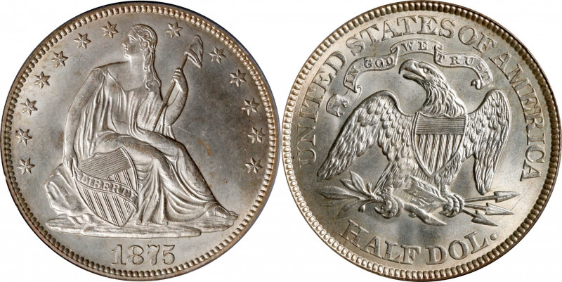 1875 Liberty Seated Half Dollar. WB-101. MS-65 (PCGS).
A brilliant white coin s...