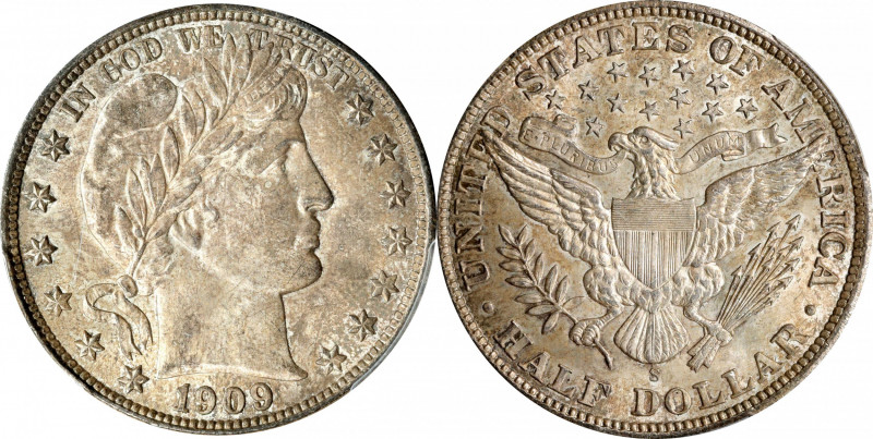 1909-S Barber Half Dollar. MS-64 (PCGS).
Dusky silver-gray toning blankets each...