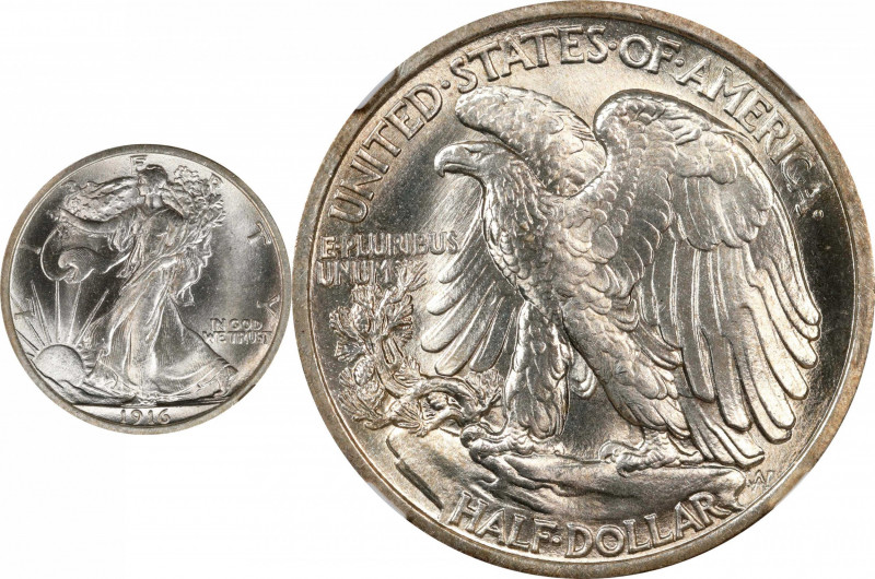 1916 Walking Liberty Half Dollar. MS-66 (NGC).
Tis lovely premium Gem is brilli...