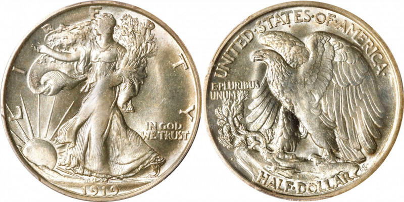 1919-D Walking Liberty Half Dollar. MS-63 (PCGS).
Satiny golden-tinged surfaces...