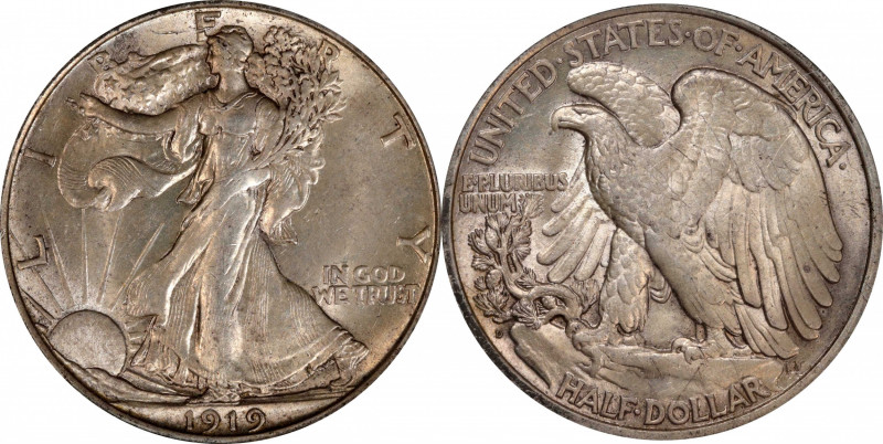 1919-D Walking Liberty Half Dollar. MS-62 (PCGS).
Dusted with light silver and ...