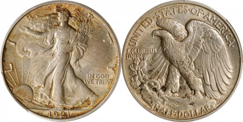 1921-D Walking Liberty Half Dollar. AU-58 (PCGS). CAC.
Irregularly toned on the...