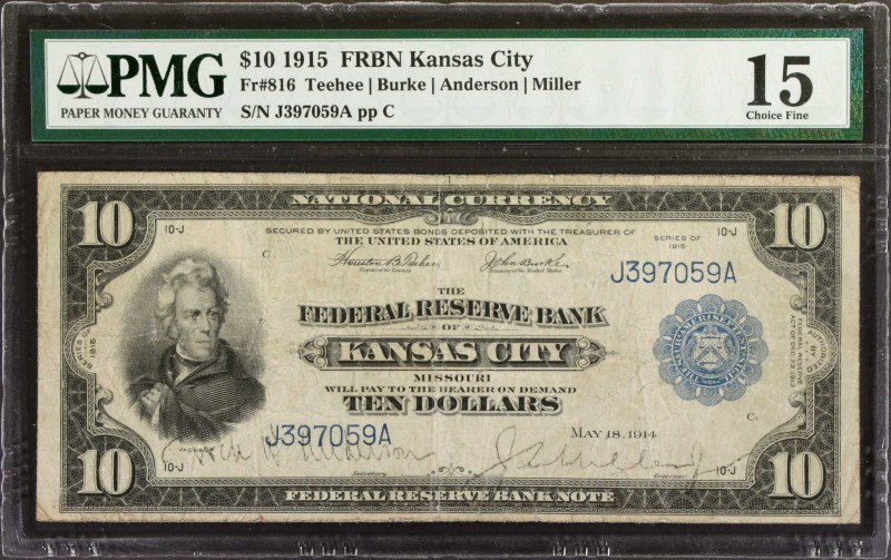 Fr. 816. 1915 $10 Federal Reserve Bank Note. Kansas City. PMG Choice Fine 15.
S...