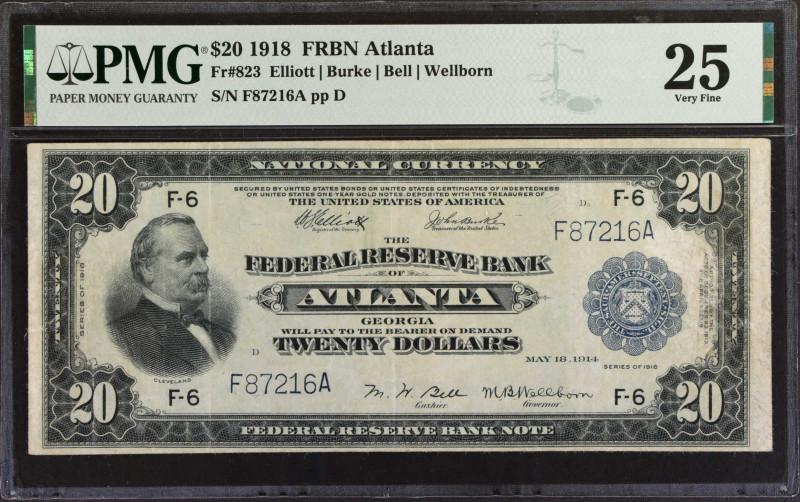 Fr. 823. 1918 $20 Federal Reserve Bank Note. Atlanta. PMG Very Fine 25.
These F...