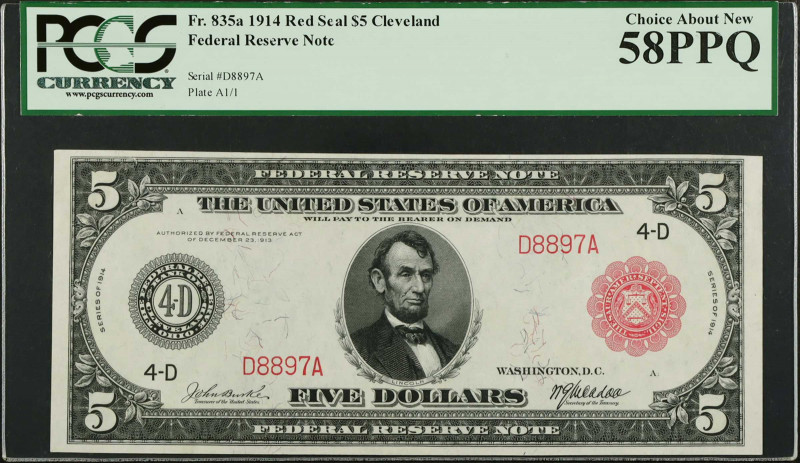 Fr. 835a. 1914 Red Seal $5 Federal Reserve Note. Cleveland. PCGS Currency Choice...