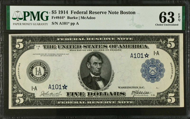 Fr. 844*. 1914 $5 Federal Reserve Star Note. Boston. PMG Choice Uncirculated 63 ...