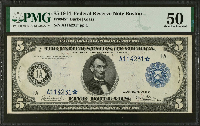 Fr. 845*. 1914 $5 Federal Reserve Star Note. Boston. PMG About Uncirculated 50....