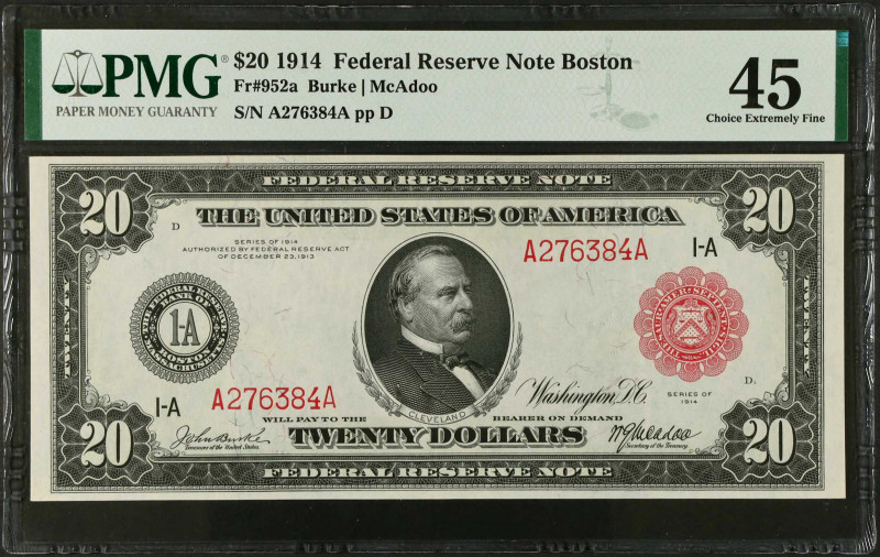 Fr. 952a. 1914 Red Seal $20 Federal Reserve Note. Boston. PMG Choice Extremely F...