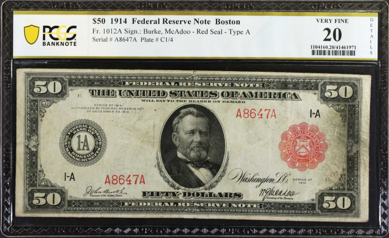 Fr. 1012a. 1914 Red Seal $50 Federal Reserve Note. Boston. PCGS Banknote Very Fi...