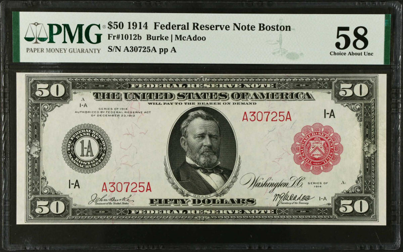 Fr. 1012b. 1914 Red Seal $50 Federal Reserve Note. Boston. PMG Choice About Unci...