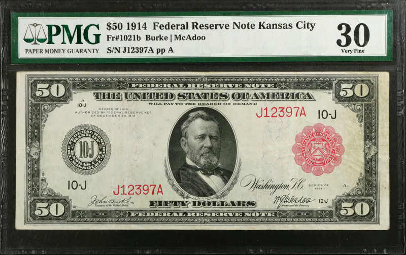 Fr. 1021b. 1914 Red Seal $50 Federal Reserve Note. Kansas City. PMG Very Fine 30...