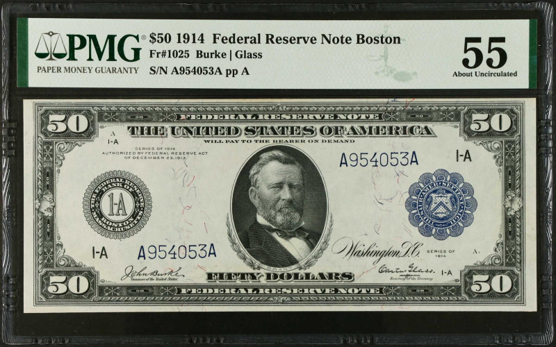 Fr. 1025. 1914 $50 Federal Reserve Note. Boston. PMG About Uncirculated 55.
A l...