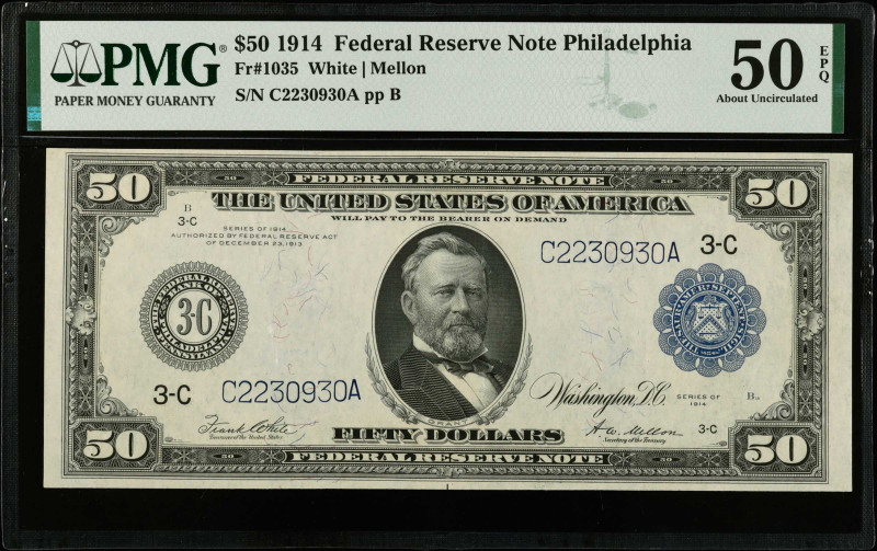 Fr. 1035. 1914 $50 Federal Reserve Note. Philadelphia. PMG About Uncirculated 50...