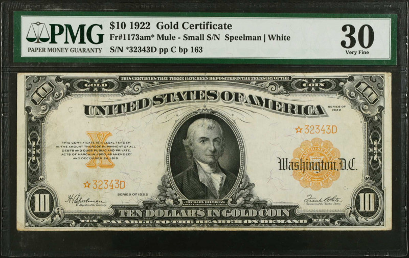 Fr. 1173am*. 1922 $10 Gold Certificate Mule Star Note. PMG Very Fine 30.
A extr...