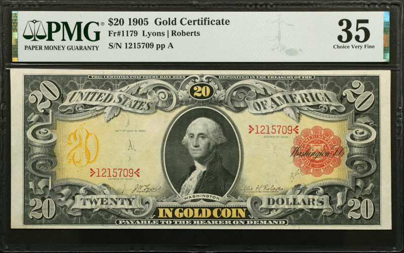 Fr. 1179. 1905 $20 Gold Certificate. PMG Choice Very Fine 35.
One of the prized...