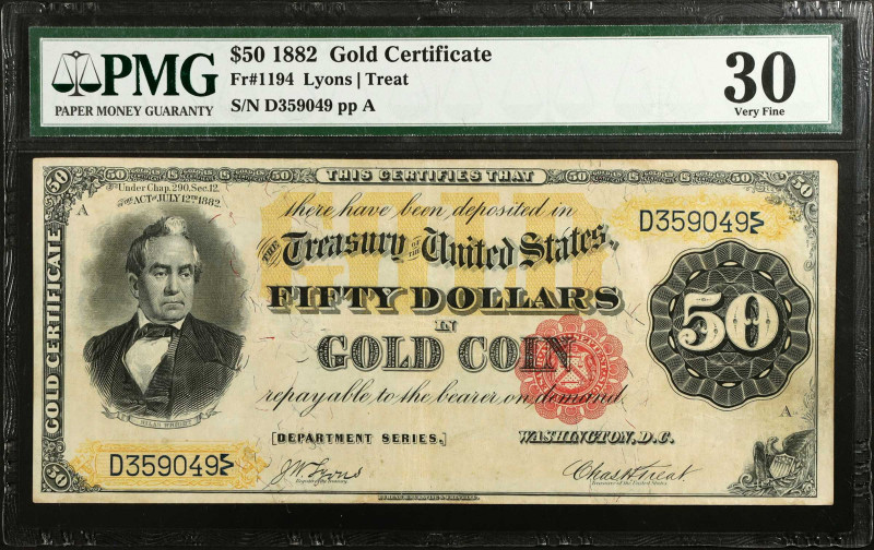 Fr. 1194. 1882 $50 Gold Certificate. PMG Very Fine 30.
This note is consecutive...