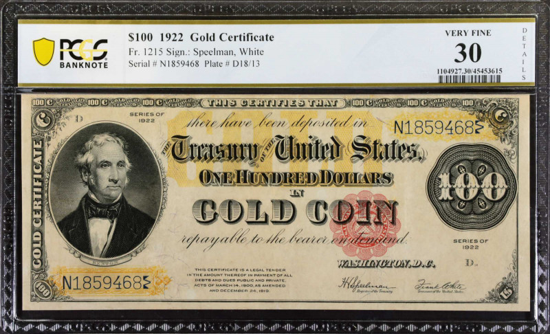 Fr. 1215. 1922 $100 Gold Certificate. PCGS Banknote Very Fine 30 Details. Small ...