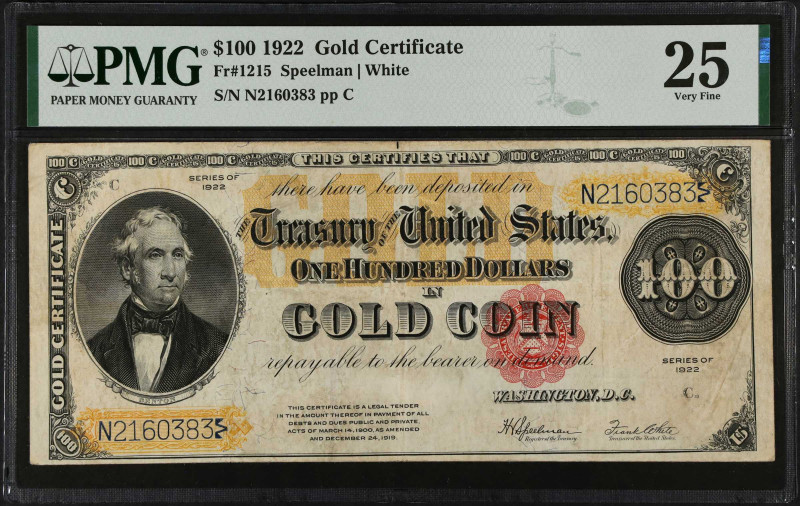 Fr. 1215. 1922 $100 Gold Certificate. PMG Very Fine 25.
This denomination repre...