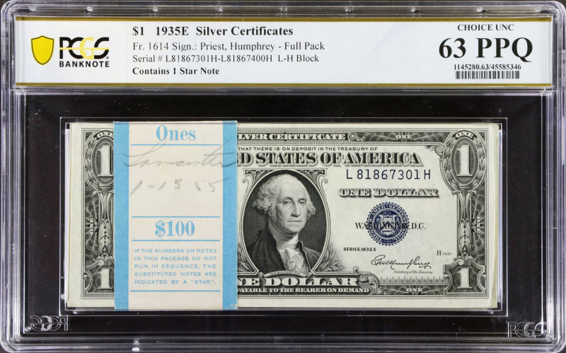 Pack of (100) Fr. 1614. 1935E $1 Silver Certificates. PCGS Banknote Choice Uncir...