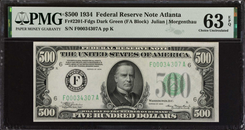 Fr. 2201-Fdgs. 1934 $500 Federal Reserve Note. Atlanta. PMG Choice Uncirculated ...