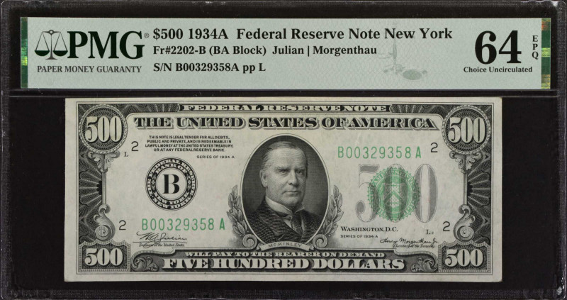 Fr. 2202-B. 1934A $500 Federal Reserve Note. New York. PMG Choice Uncirculated 6...