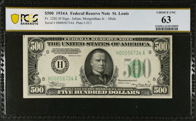 Fr. 2202-H. 1934A $500 Federal Reserve Mule Note. St. Louis. PCGS Banknote Choic...