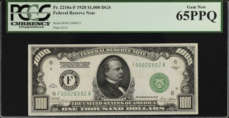 Fr. 2210a-F. 1928 DGS $1,000 Federal Reserve Note. Atlanta. PCGS Currency Gem Ne...