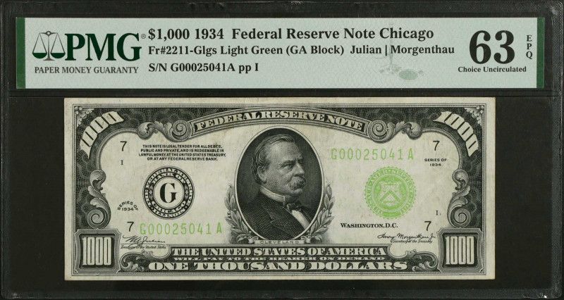 Fr. 2211-Glgs. 1934 $1000 Federal Reserve Note. Chicago. PMG Choice Uncirculated...