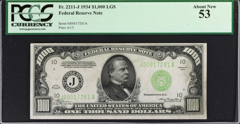 Fr. 2211-J. 1934 $1,000 Federal Reserve Note. Kansas City. PCGS Currency About N...