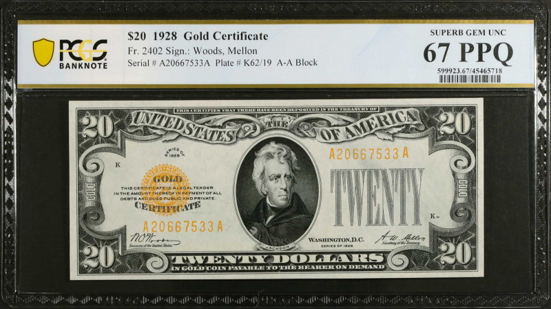 Fr. 2402. 1928 $20 Gold Certificate. PCGS Banknote Superb Gem Uncirculated 67 PP...