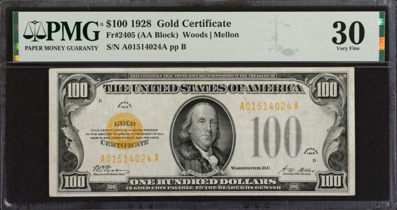 Fr. 2405. 1928 $100 Gold Certificate. PMG Very Fine 30.
A Very Fine example of ...