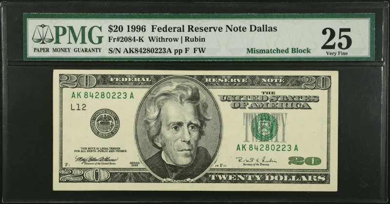 Fr. 2084-K. 1996 $20 Federal Reserve Note. Dallas. PMG Very Fine 25. Mismatched ...