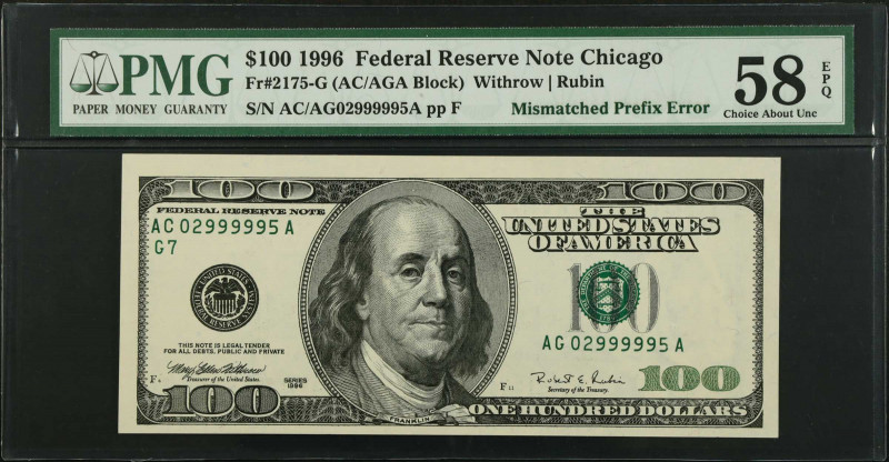 Fr. 2175-G. 1996 $100 Federal Reserve Note. Chicago. PMG Choice About Uncirculat...