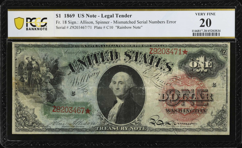 Fr. 18. 1869 $1 Legal Tender Note. PCGS Banknote Very Fine 20. Mismatched Serial...